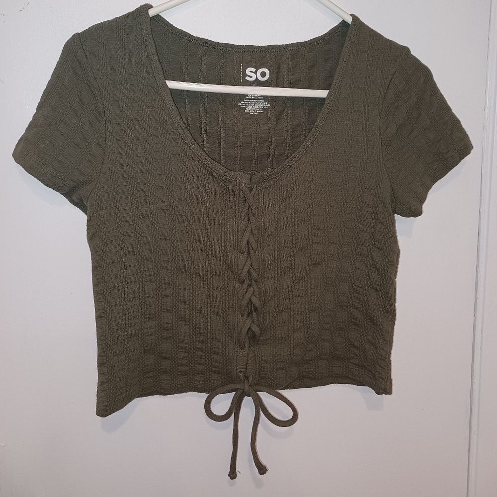Women's SO Juniors Off The Shoulder Terry Cloth Crop Top Olive Green EUC